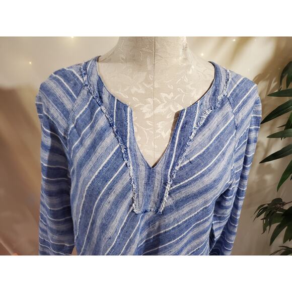 Nic + Zoe Freshwater Striped Linen Tunic Top Size L Blue Boho Raw Fringe Hem - Picture 5 of 11